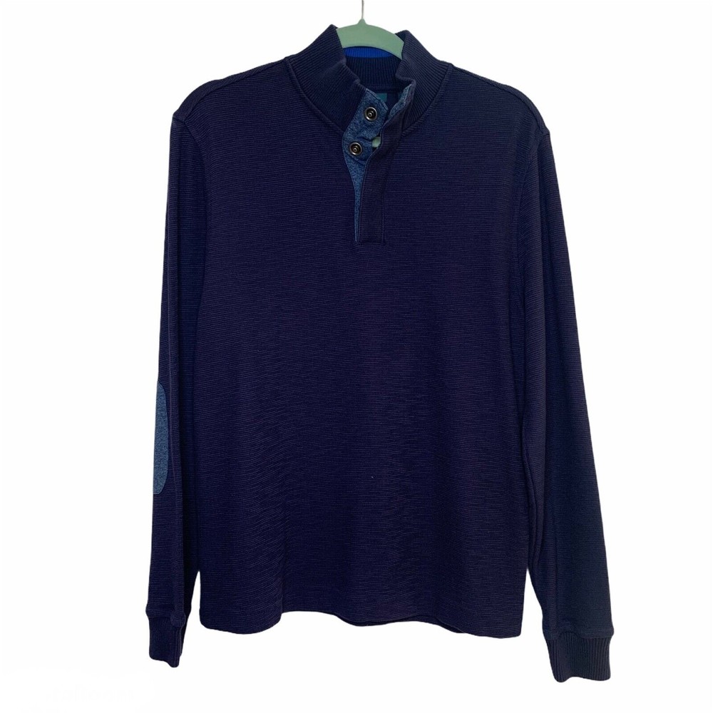 Perry Ellis Men Navy Blue Sweater Elbow Patch 1/4 Button Neck Sz M